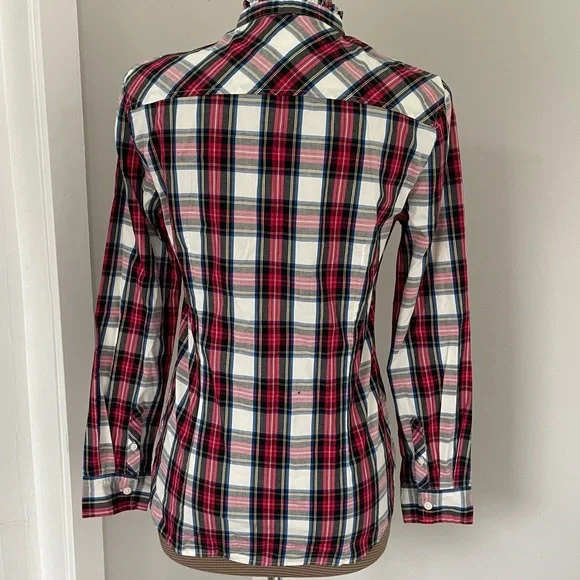 J.Crew Red Tartan Poplin Plaid Ruffle Neck Button-down Shirt size S EUC - Picture 4 of 6